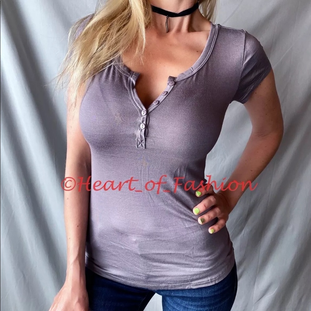 Short Sleeve Rayon Stretchy Button Henley Tee Top